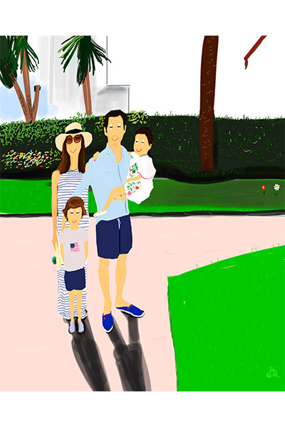 Retrato ilustrado personalizado Dani Wilde familia vacaciones