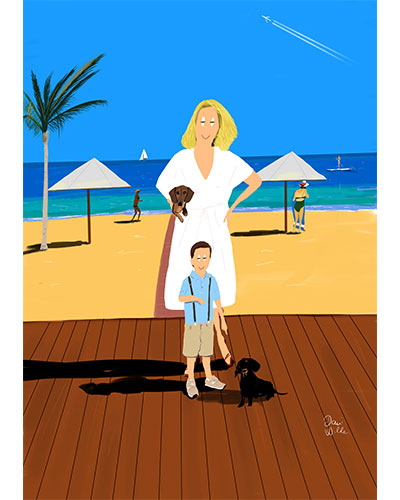 Retrato ilustrado personalizado Dani Wilde madre hijo playa