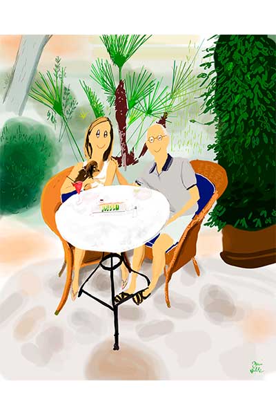 Retrato ilustrado personalizado Dani Wilde pareja Capuccinno marbella