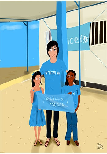 retrato ilustrado chica Unicef con niños