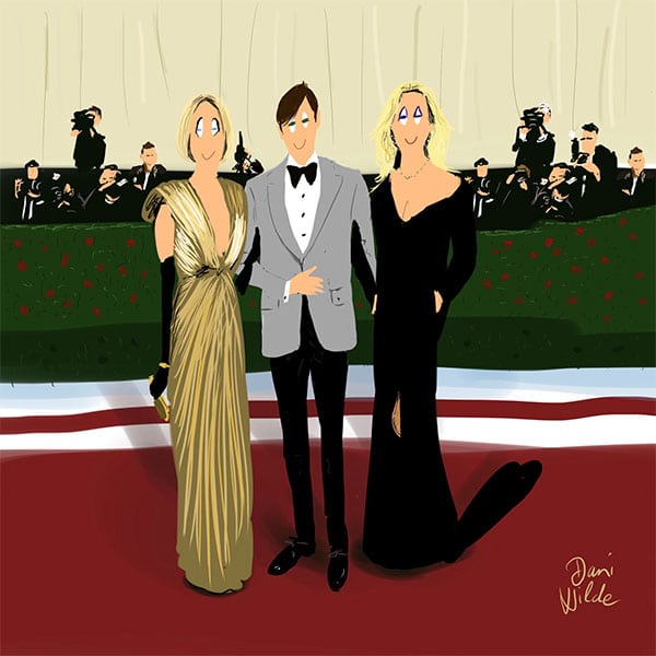 ilustración de Dani rodeado de Amber Valletta y Kate Moss en el met gala 2022