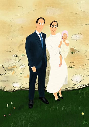 retrato ilustrado personalizado  pareja con bebe