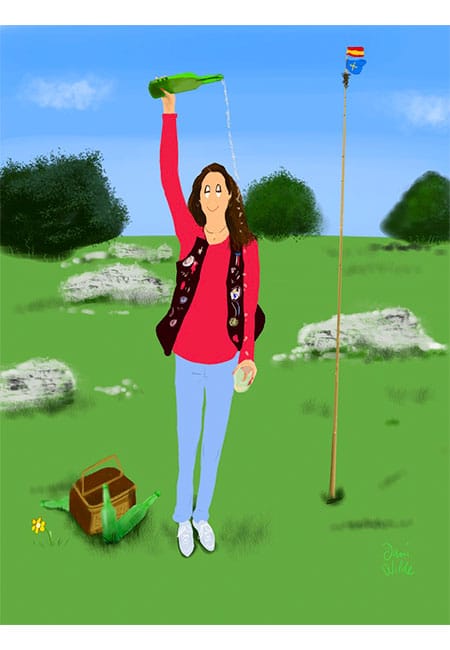 retrato ilustrado personalizado  mujer con sidra en un campo